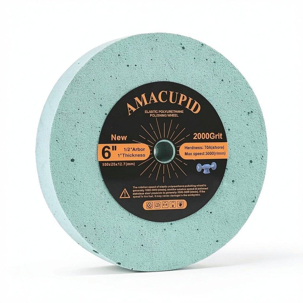 AmaCupid polyurethane polishing wheel showing its 6-inch diameter and microporous structure