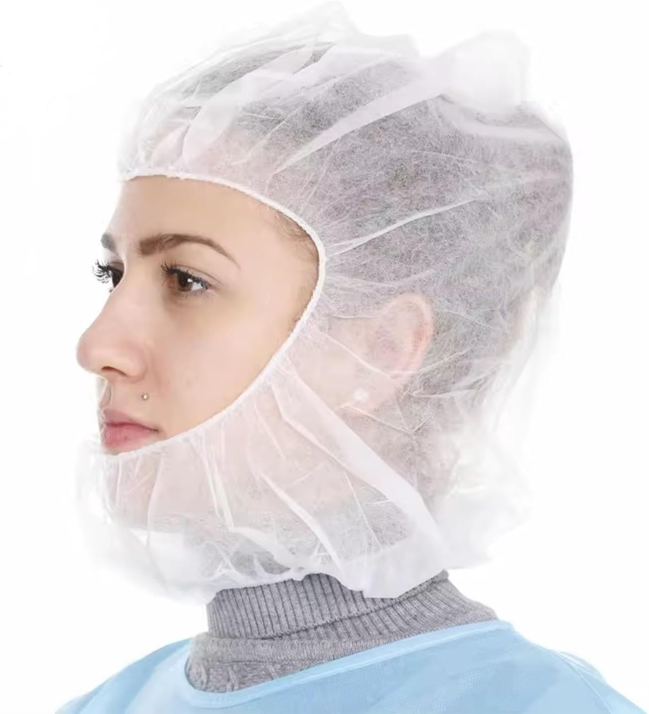 'Disposable hooded cap being worn in an industrial setting'