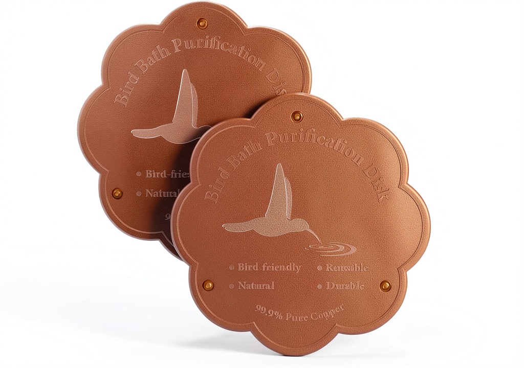 Copper bird bath purification disk placed in a garden birdbath