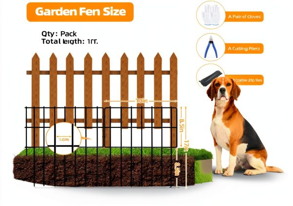 10 Pack Garden Animal Barrier Fence, 1.65inch Spike Spacing No Dig Fence, Reusable Rustproof Metal Defense Border, Dogs Rabbits Blocker Fence for Outdoor Yard, Total 10.8ft(L) x 17inch(H)-1